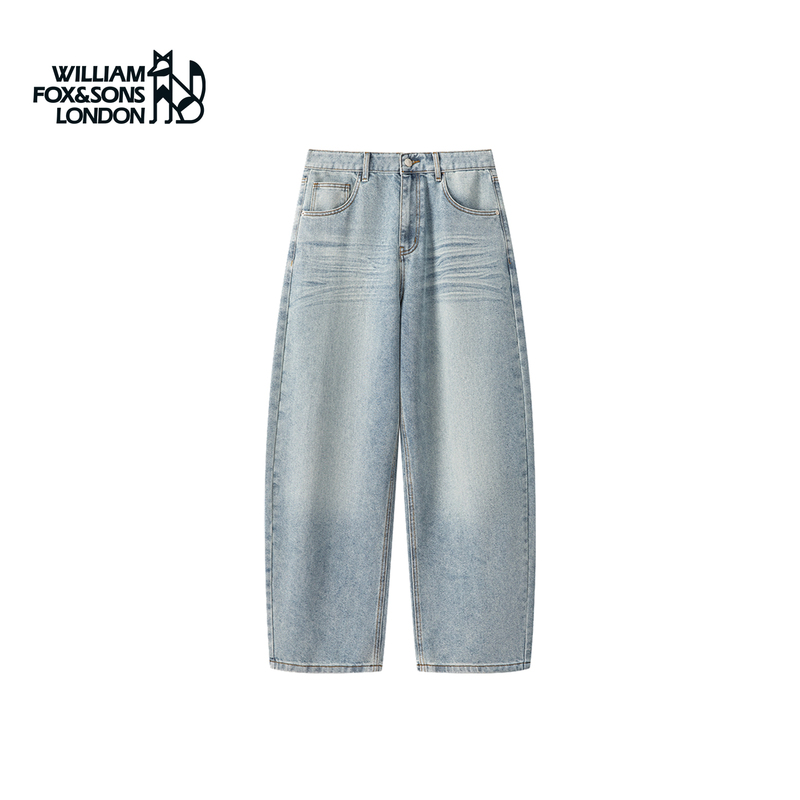 British Little Fox 2026 Spring New Vintage Design Baggy Style Loose Light Blue Scissor-Cut Jeans for Men