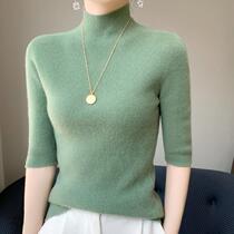 New high-end goods 2024 autumn new knitted sweater womens 5-quarter sleeves mid-sleeve half-turtle collar wool bottoming shirt for women