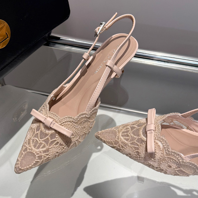 Women's 2026 New French Pointed Toe Stiletto Sandals with Bow Embroidery and Lace - Comfortable and Slimming