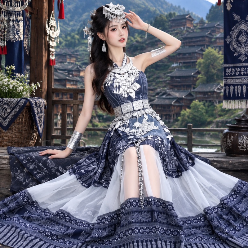 Miao Ethnic Clothing for Adult Women, Traditional Ethnic Clothing of the Miao Minority, Guizhou and Yunnan Miao Village Travel Photography Dance Performance Costume Set Miao Ethnic Clothing for Adult Women, Traditional Ethnic Clothing of the Miao Minority, Guizhou and Yunnan Miao Village Travel Photography Dance Performance Costume Set