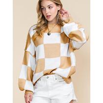 New high-end European and American casual style checkered printed long-sleeved tops for women autumn new warm pullover round neck sweater