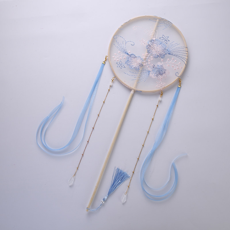 Chinese style original floral embroidery Ancient style Hanfu accessories Palace fan Long handle group fan Court fan Round dance fan