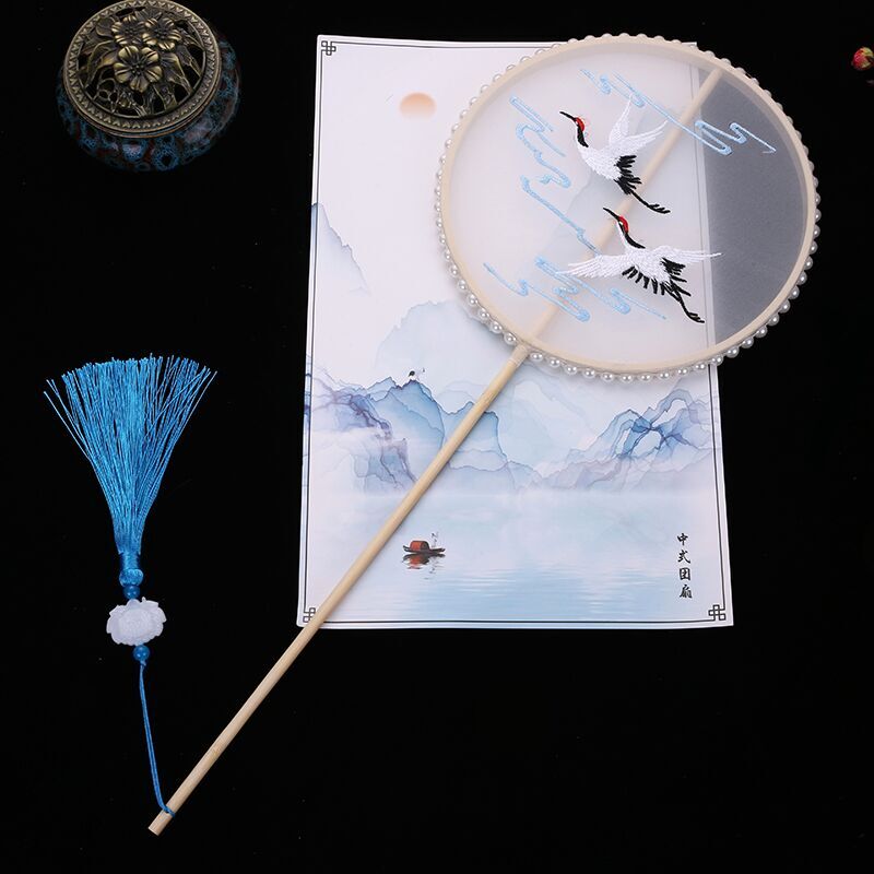 Embroidery Troupe Fan Hanfu Shooting Props Palace Fan Ancient Wind Long Handle Round Fan Genuine Silk Classical Dance Bamboo Fan Embroidered Fan
