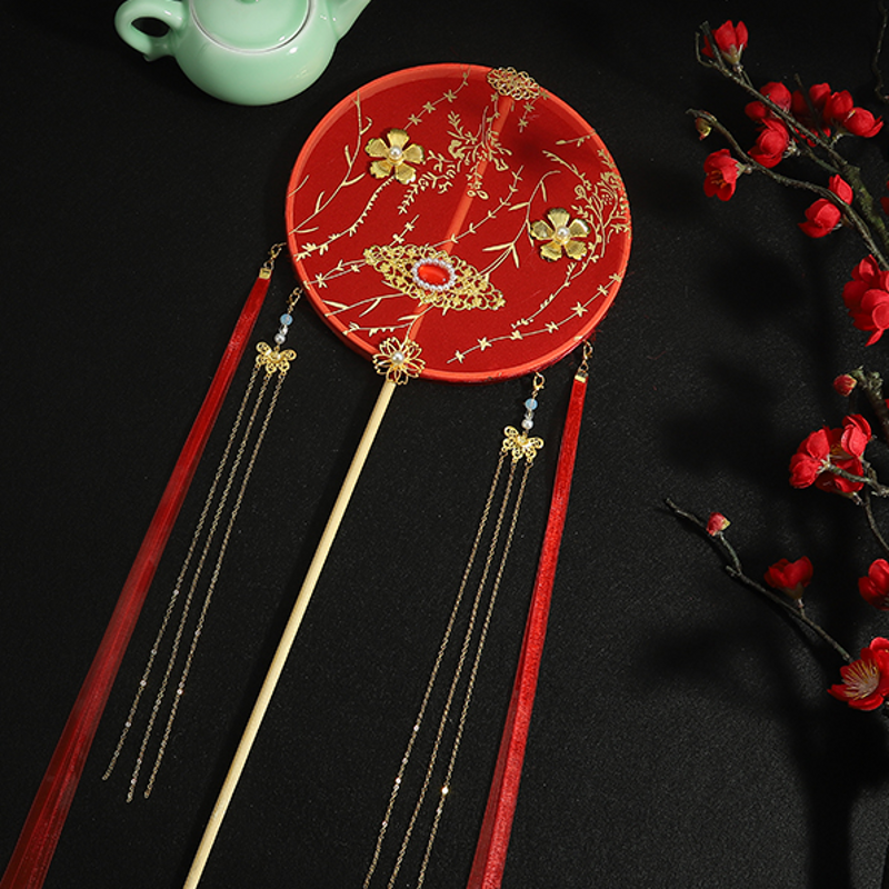 Fan Round Group Fan Finished Hot Gold Long Handle Hanfu Photo Props Palace Fan Ancient Fan Gift Photo Dancing Retro