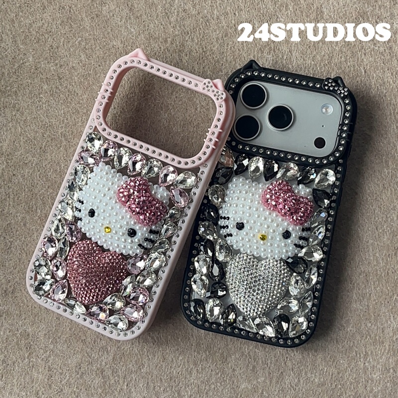 24Studios Cartoon Cute Frame with Diamond Edging Luxurious Sparkling Rhinestones Suitable for Apple 17Promax Phone Case iPhone 16 Heart 15Kitty Cat 14/13 Shockproof Protective Cover