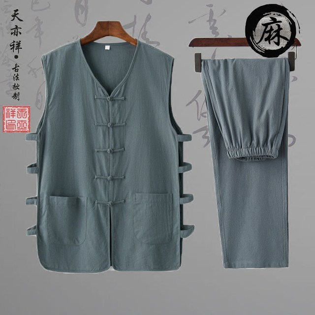 Spot summer ຝ້າຍບາງໆແລະ linen ອາຍຸກາງແລະຜູ້ສູງອາຍຸພໍ່ຈີນ sweat vest trousers ສອງສິ້ນ Han mandarin jacket