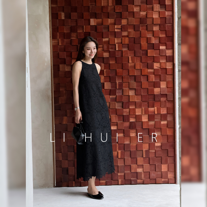 Lihuier Li Hui'Er Milmerzha Black Hollow-Out Crochet Draped Sleeveless Long Dress Tank Dress Lihuier Li Hui'Er Milmerzha Black Hollow-Out Crochet Draped Sleeveless Long Dress Tank Dress
