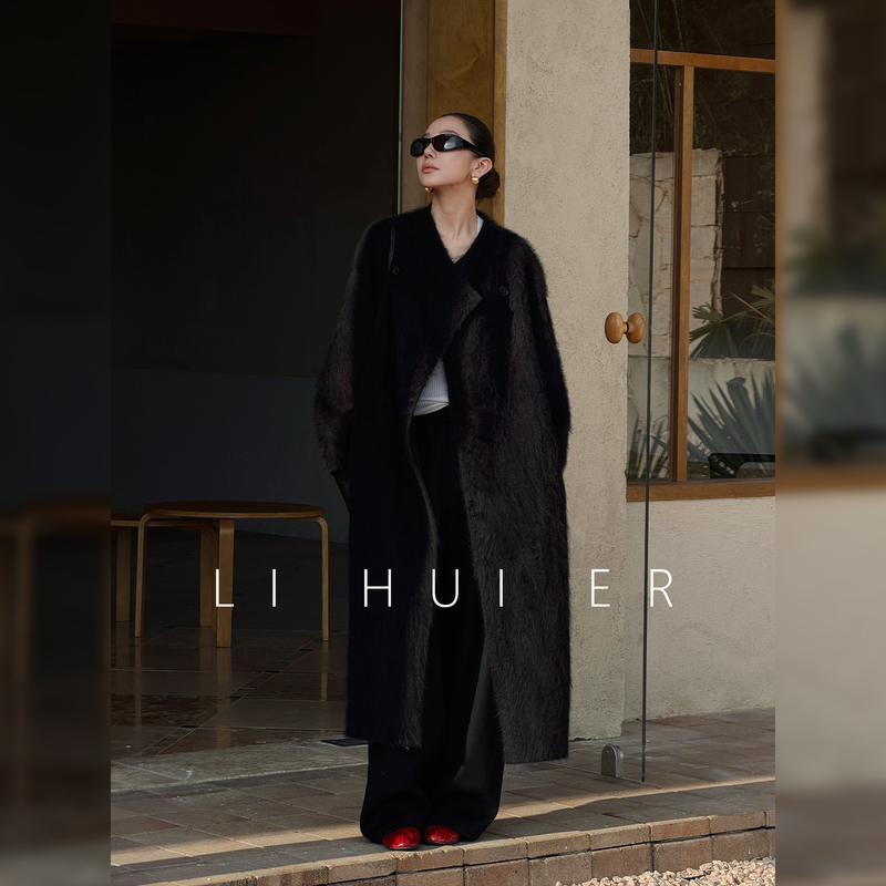 Lihuier [Urman Preface] Wool and Cashmere Charcoal Black Long Brushed Coat Winter