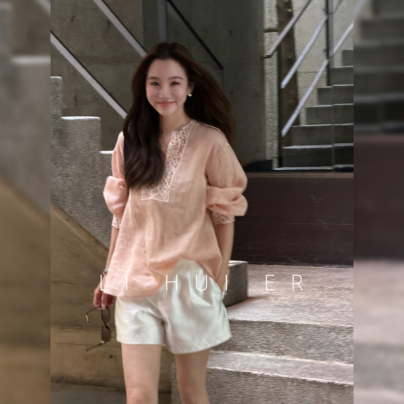Lihuier Li Hui'Er Refraction 100% Ramie Southern French Lace Light Pink V-Neck Shirt Casual Top for Women Summer