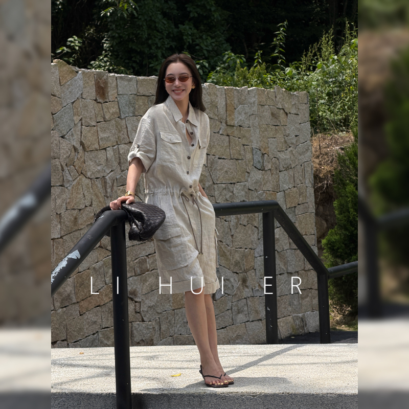 Lihuier [Spanish Proverb] Summer Raw Linen High-Waisted Straight Shorts Jumpsuit for Women