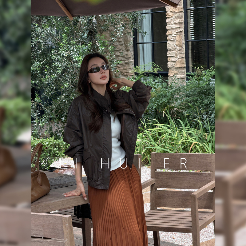 Lihuier Li Hui'Er Haisei Rikka 100% Cotton Vintage Coffee-Colored Jacket Early Autumn Old Money Style Stand Collar Coat Lihuier Li Hui'Er Haisei Rikka 100% Cotton Vintage Coffee-Colored Jacket Early Autumn Old Money Style Stand Collar Coat