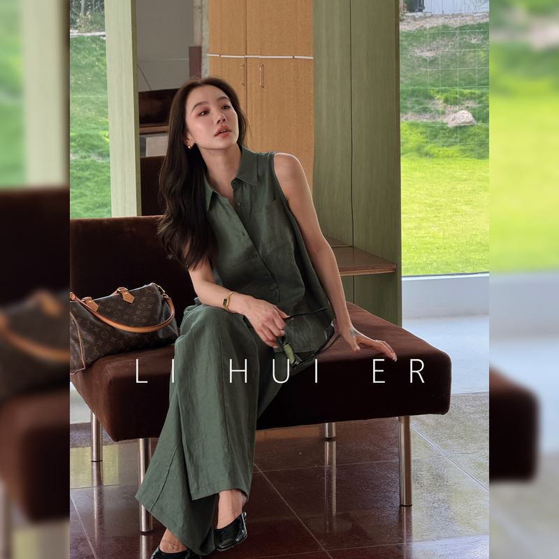 Lihuier [Mint Records] Summer Moss Green Linen Sleeveless Vest and Pants Set for Women