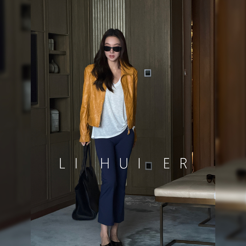 Lihuier [Sunset on Reef Island] Autumn Retro Pu Leather Lapel Yellow Casual Leather Short Jacket