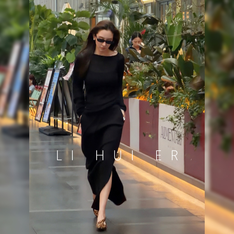 Lihuier [Feng Xin] Black Elastic Waist Straight Skirt Women's Autumn Style High-End Long Skirt