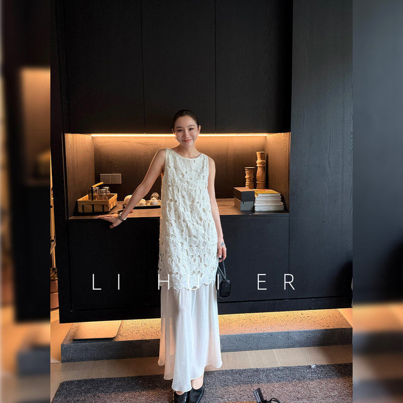 Lihuier Li Hui'Er Moonlight Cold Pearl Summer Slimming Hollow Beaded Embroidery Off-White Fake Two-Piece Sleeveless Dress Lihuier Li Hui'Er Moonlight Cold Pearl Summer Slimming Hollow Beaded Embroidery Off-White Fake Two-Piece Sleeveless Dress