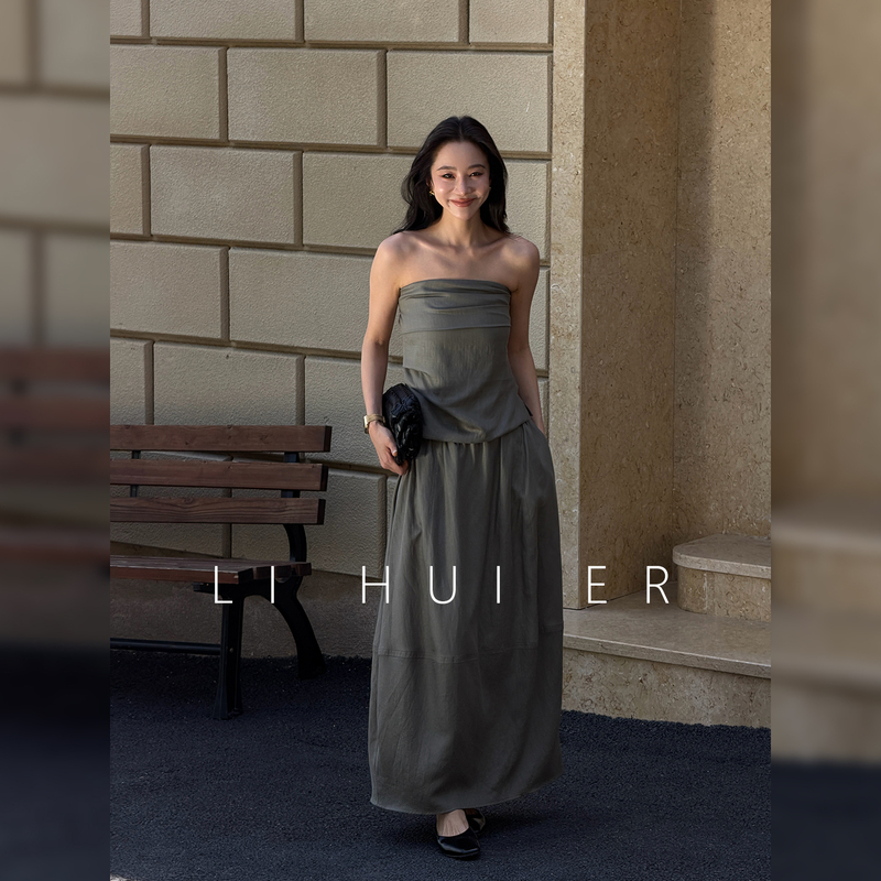 Lihuier [Sri Lanka] Tea Green Tube Top and Skirt Two-Piece Set for Women, Summer Relaxed Style Outfit