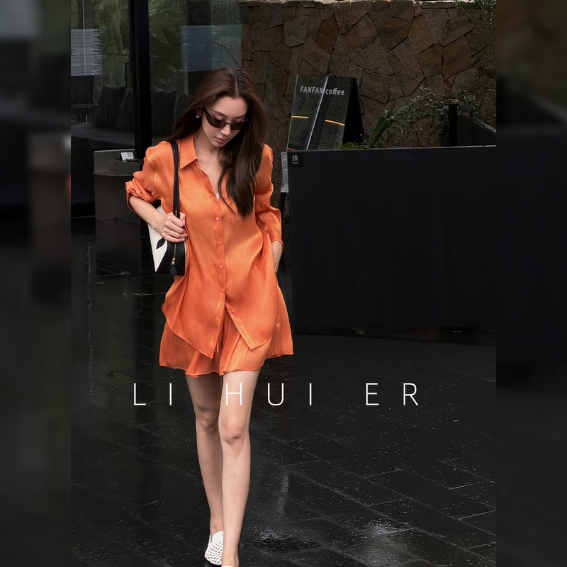 Lihuier Li Hui'Er Orange Skyline Summer Style Casual Loose Shirt and Shorts Set Fashionable Two-Piece Set