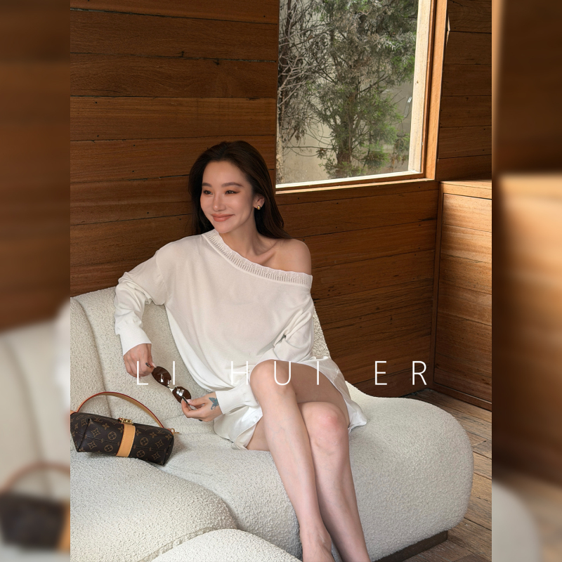 Lihuier [White Pear] Summer Moonlight White Asymmetrical Neck Long Sleeve Knitted Loose Casual Top for Women