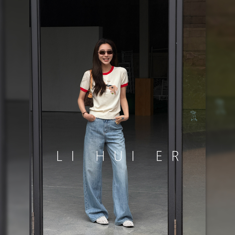 Lihuier [Blue Hole] Blue Straight-Leg Washed Long Pants for Women, New Summer American Retro Jeans