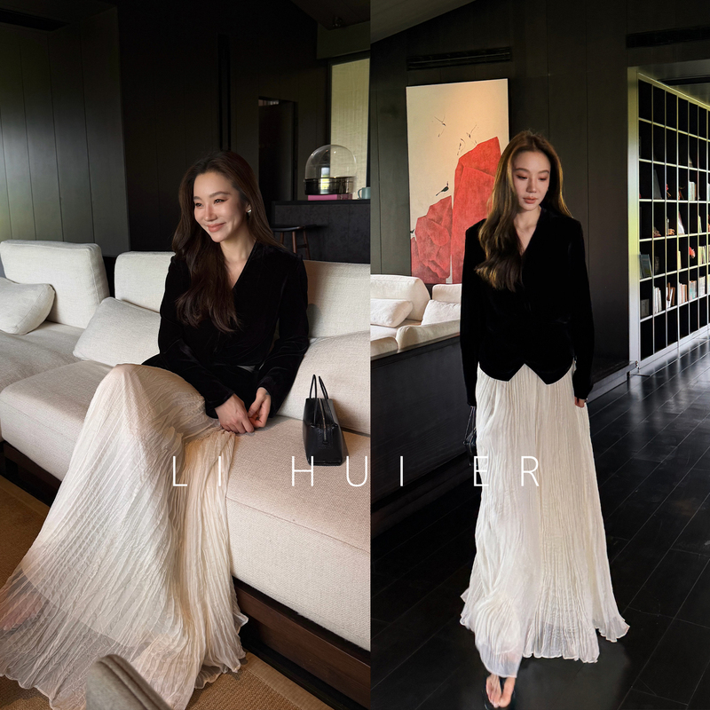 Lihuier Li Hui'Er Stacked Wind Autumn Style Simple Wrinkled Chiffon Flowing Sheer Skirt Women's Pleated Skirt