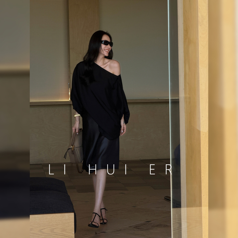 Lihuier [Basil and Night] Black Asymmetrical Cape T-Shirt for Women, Summer Minimalist Acetate Loose Top