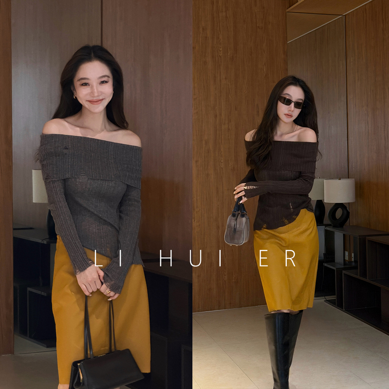 Lihuier Li Hui'Er Textured Distressed Wrap One-Shoulder Wool Pullover Knit Long Sleeve Top