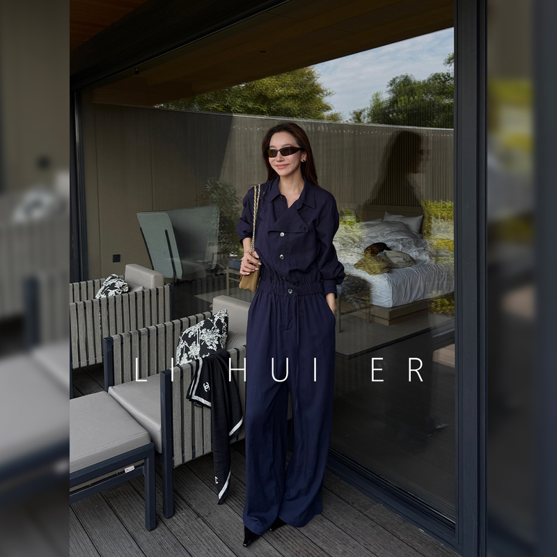 Lihuier Li Hui'Er Venice Secret Autumn High-End Long-Sleeve Waist-Cinching Navy Blue Jumpsuit for Women