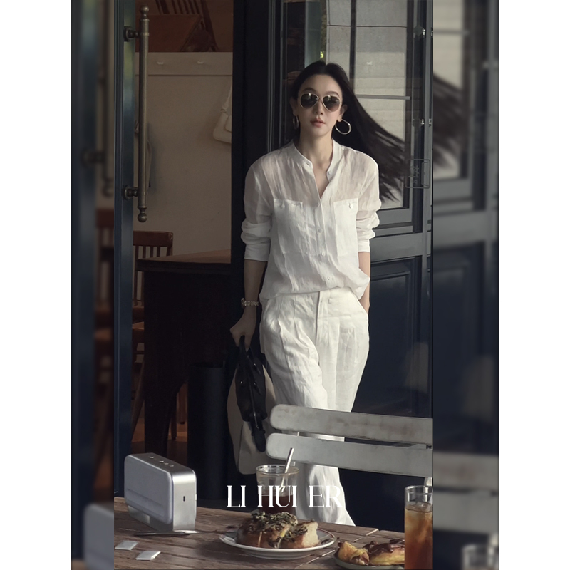 Li Hui Er Li Hui'Er Mangas Travel Diary Ramie White Shirt Loose Lazy Style Top Women's Summer Thin Style Li Hui Er Li Hui'Er Mangas Travel Diary Ramie White Shirt Loose Lazy Style Top Women's Summer Thin Style