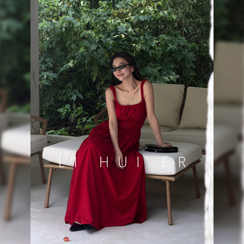 Lihuier [Dream in Bali] Summer-Style Linen French Vacation Waist-Cinching Red Dress