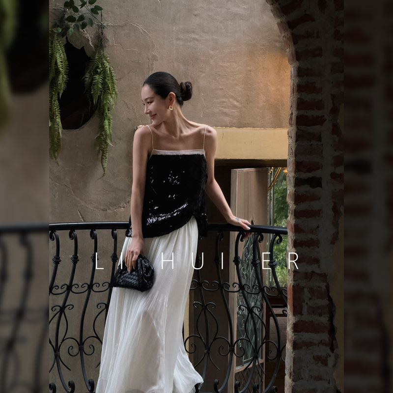 Lihuier Li Hui'Er【Xia Chen】 Sequin Pullover Camisole Black Heavy Embroidery Vest Top Summer Women's Clothing