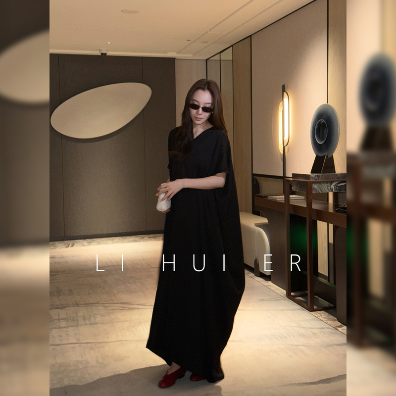 Lihuier Li Hui'Er Black Rayon Dress for Women, Summer Loose and Casual Batwing Sleeve V-Neck Long Dress Lihuier Li Hui'Er Black Rayon Dress for Women, Summer Loose and Casual Batwing Sleeve V-Neck Long Dress