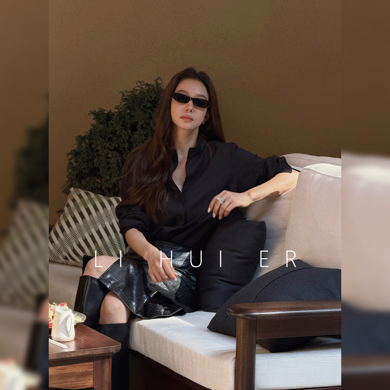 Lihuier Li Hui'Er【Twilight Clouds】Tencel Ramie Black Casual Versatile Long Sleeve Shirt Top for Women Autumn