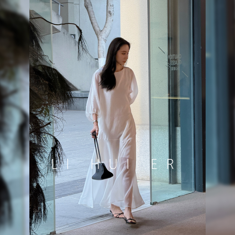 Lihuier Li Hui'Er【Xia Shan Nai】Summer Beige Round-Neck Long-Sleeve High-Waisted Light Luxury Flared Dress for Women