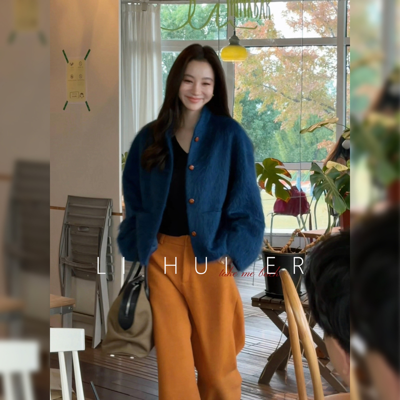 Lihuier [Velvet Blue Eucalyptus] Cashmere Mulberry Silk Klein Blue Brushed Coat Short Jacket