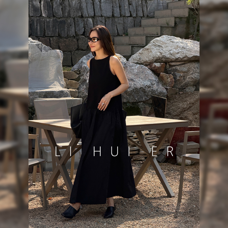Lihuier Florida Black Summer Sleeveless Dress Slim Fit Puffy Long Dress Lihuier Florida Black Summer Sleeveless Dress Slim Fit Puffy Long Dress