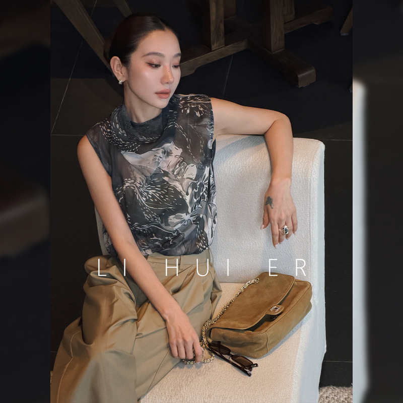 Lihuier Li Hui'Er Ink Stream 100% Mulberry Silk Artistic Print Sheer Sleeveless Tank Top Summer