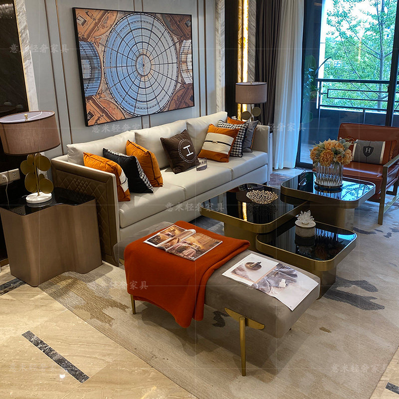 (Hermes Couch) Love Marsee Real Leather Sofa Italy Light Lavish Living Room Stainless Steel Furniture Villa Boilerplate-Taobao