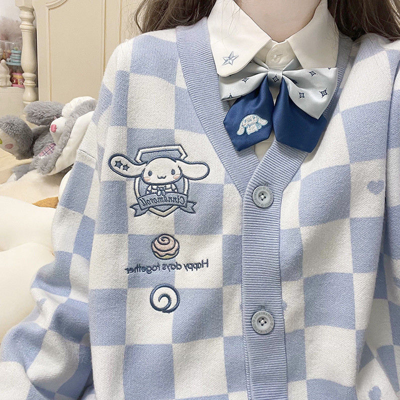 Sanrio Jade Dog Co-Branded Sweater Tops Cardigan Women's Winter College Style Blue Sweater Top Loose