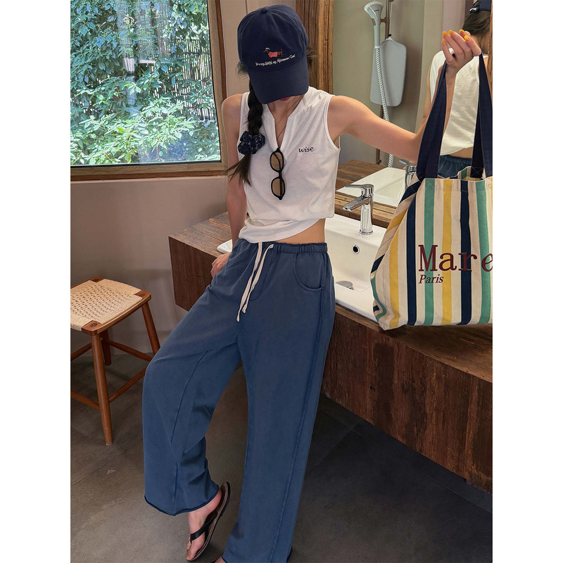 Fiery Blue【Breathing Blue】Casual Style Blue Wide-Leg Pants for Women New Side Seam Stitching Straight-Leg Hip-Covering Long Pants Fiery Blue【Breathing Blue】Casual Style Blue Wide-Leg Pants for Women New Side Seam Stitching Straight-Leg Hip-Covering Long Pants
