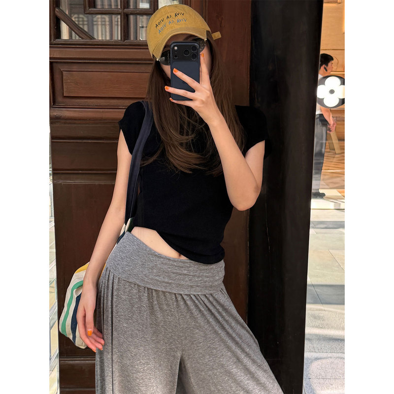 Fiery Fire [Lover Black] Black Korean-Style Ultra-Fine Merino Wool Knitted Short-Sleeve T-Shirt for Women, New Model 2026