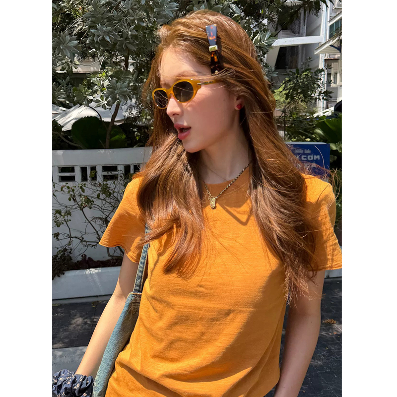 Flaming Fire Back Print Short Sleeve T-Shirt for Women, New American Retro Style Slim Fit Short Versatile Stylish Top