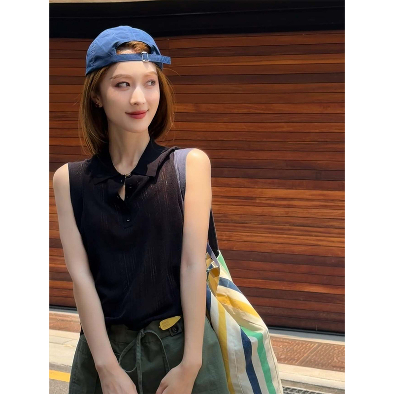 Fiery Fire【Gaozhi Polo】Black Polo Collar Sleeveless Vest for Women, New Style, Light Mature Commuting Style Casual Top