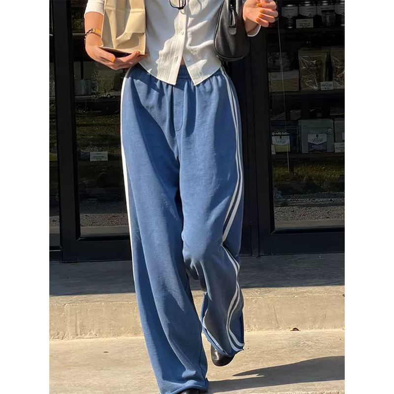 Fiery Fire【Surprise Blue Guard】 Blue Side-Striped Wide-Leg Pants for Women, High-Waisted, Drapey, Casual Sports Sweatpants