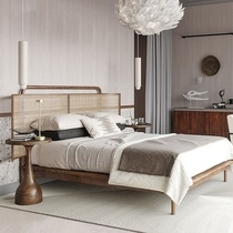 Household solid wood rattan bed rattan bed 1 8 meters home master bedroom king bed Nordic hotel B&B Jijifeng double bed