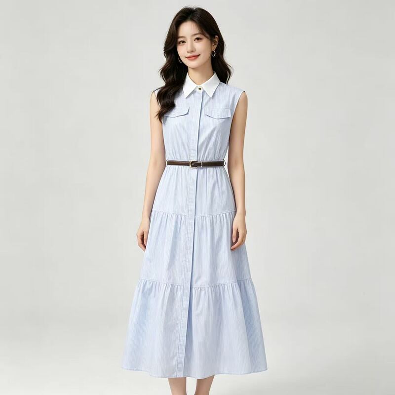 Same Style 2026 Spring New Dress with Contrasting Color Lapel, Sleeveless Mid-Length Shirt Dress for Women Same Style 2026 Spring New Dress with Contrasting Color Lapel, Sleeveless Mid-Length Shirt Dress for Women