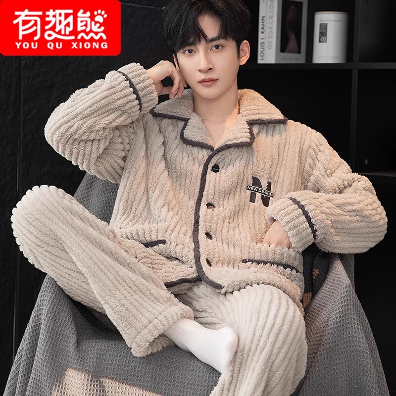 Coral Velvet Pajamas for Men, Winter 2025 New Style, Fleece-Lined, Simple, Warm, Flannel, Can Be Worn Outside, Home Wear Set
