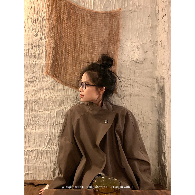 Daqianwithu Retro High-End Mid-Length Khaki Stand-Up Collar Windbreaker Jacket for Women