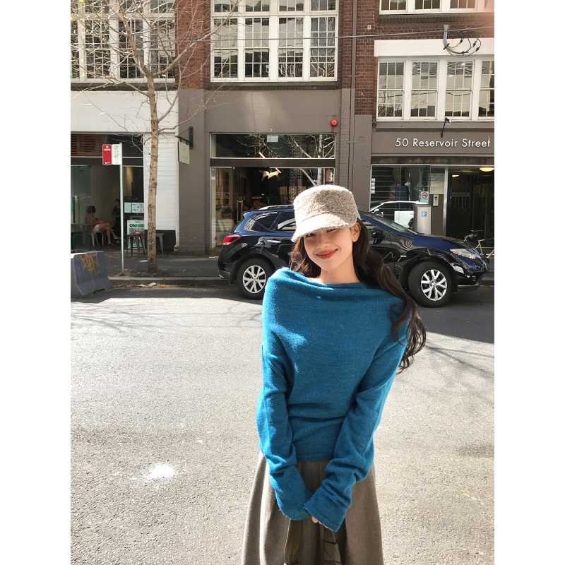 Daqianwithu One-Shoulder Elegant Alpaca Wool Turtleneck Slimming Peacock Blue Sweater Daqianwithu One-Shoulder Elegant Alpaca Wool Turtleneck Slimming Peacock Blue Sweater