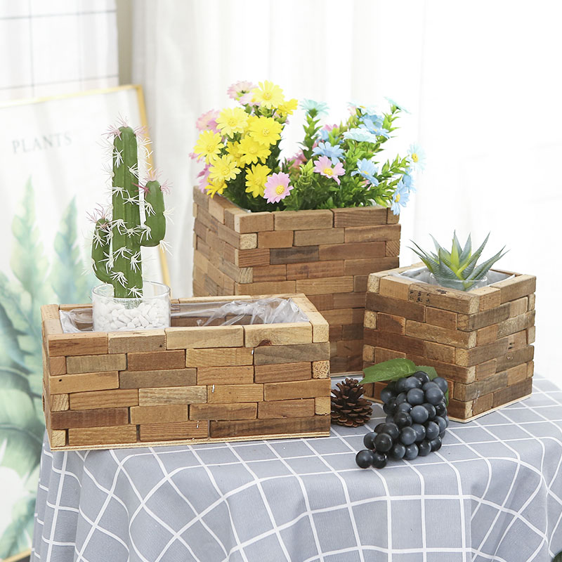 Creative Carbonated Wood Embalming Wood Flowerpots Long Hair-shaped Square Multi-meat Real Wood Wood Wood Flowerpots Minimalist decoration