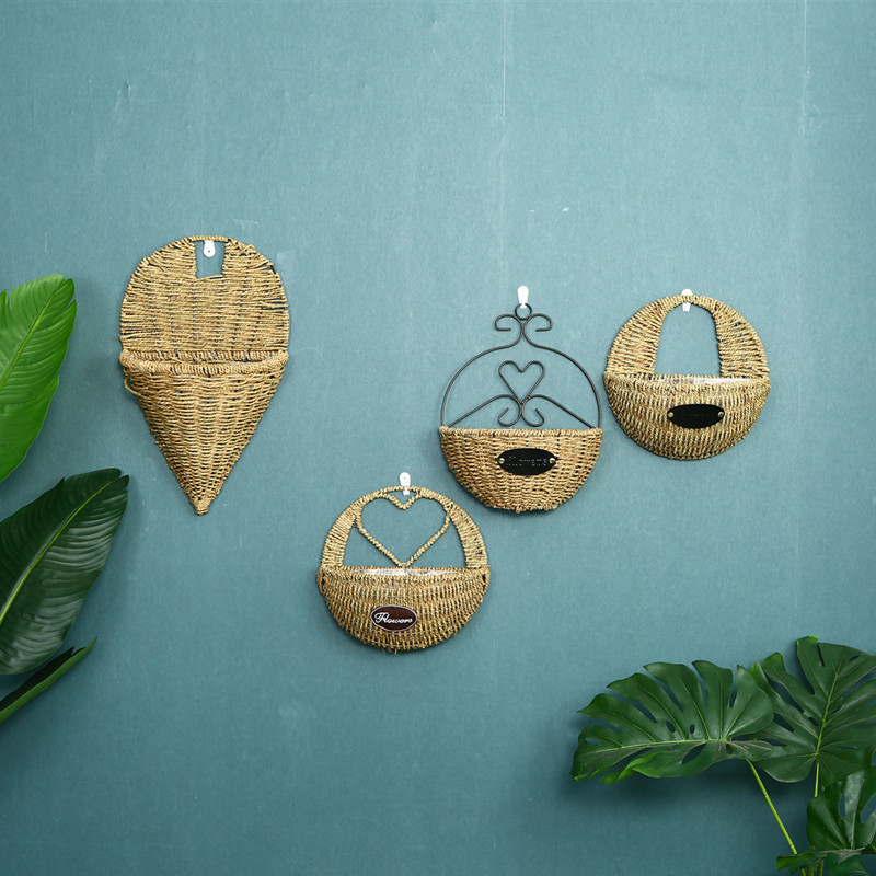 Handmade creative grass woven wall hanging flower basket Willow woven rattan woven golden Ge flower basket flower pot woven flower arrangement Home decoration